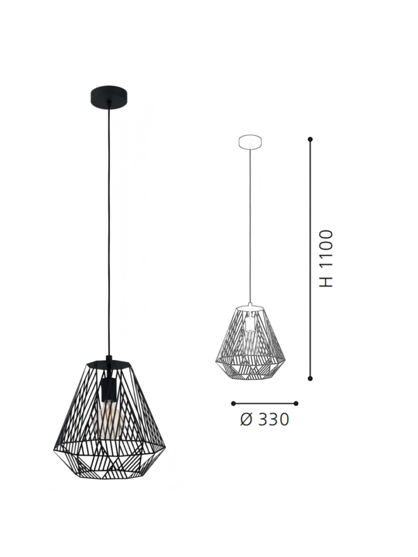 Black Geometric Steel Pendant Light (330mm Diameter) - Modern Industrial Hanging Lamp for Dining/Kitchen