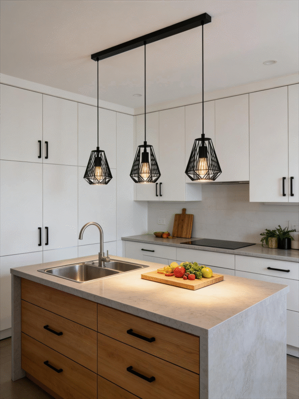 3-Light Black Geometric Pendant Light (960mm Length) - Modern Industrial Hanging Lamp for Kitchen Island/Dining Table