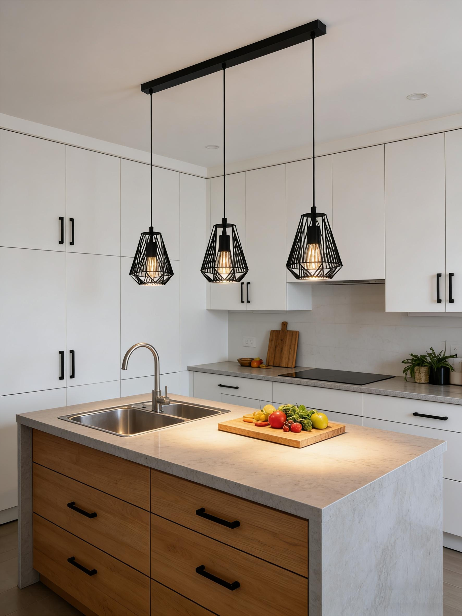 3-Light Black Geometric Pendant Light (960mm Length) - Modern Industrial Hanging Lamp for Kitchen Island/Dining Table - Image 1