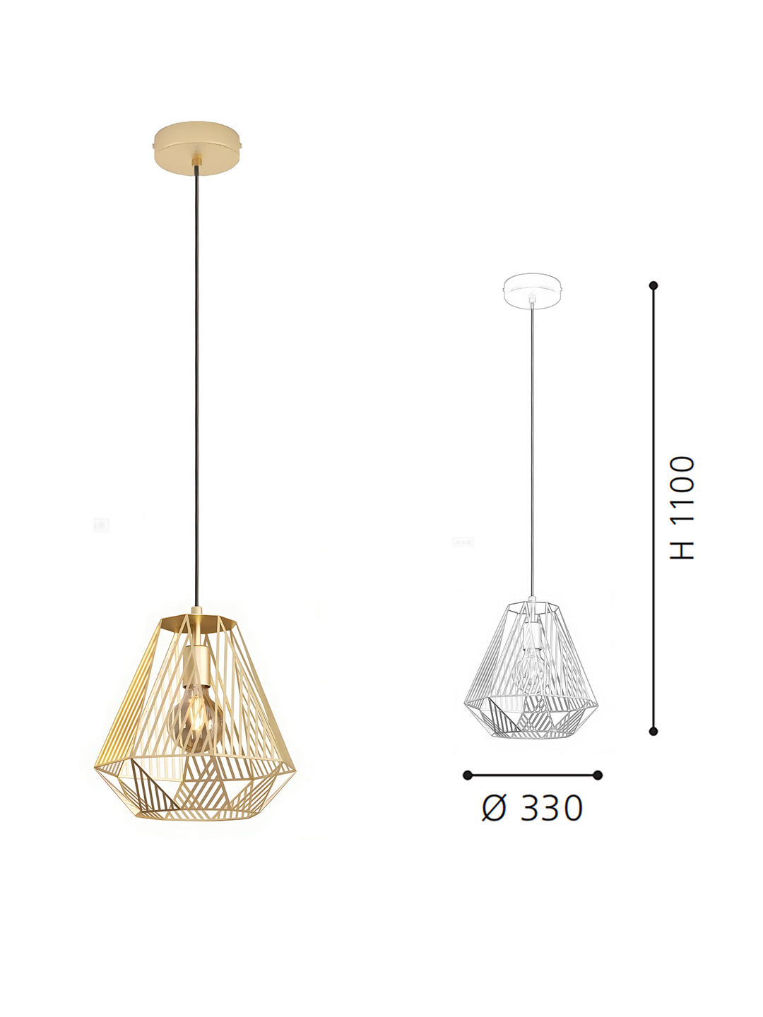Gold-coloured Geometric Wire Pendant Light (330mm Diameter) - Modern Industrial Hanging Lamp for Dining/Kitchen - Image 2