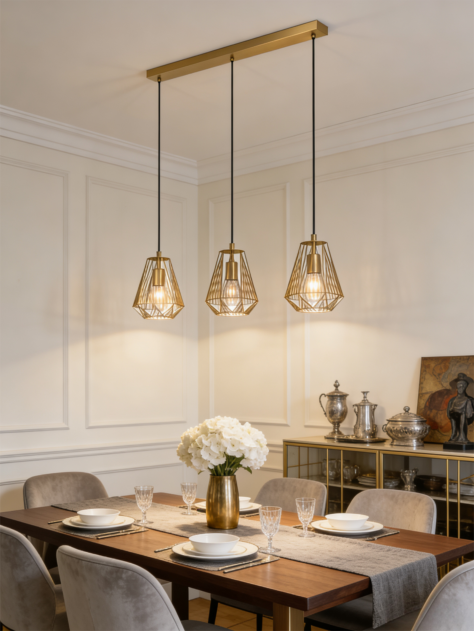 3-Light Linear Geometric Pendant Light (960mm Length) - Modern Industrial Hanging Lamp for Kitchen Island/Dining Table - Image 1