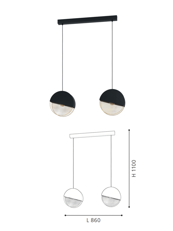 2-Light Black & gold Globe Pendant Light - Modern Minimalist Linear Hanging Lamp for Dining Room