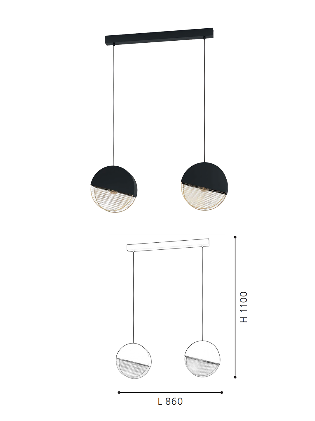 2-Light Black & gold Globe Pendant Light - Modern Minimalist Linear Hanging Lamp for Dining Room - Image 2