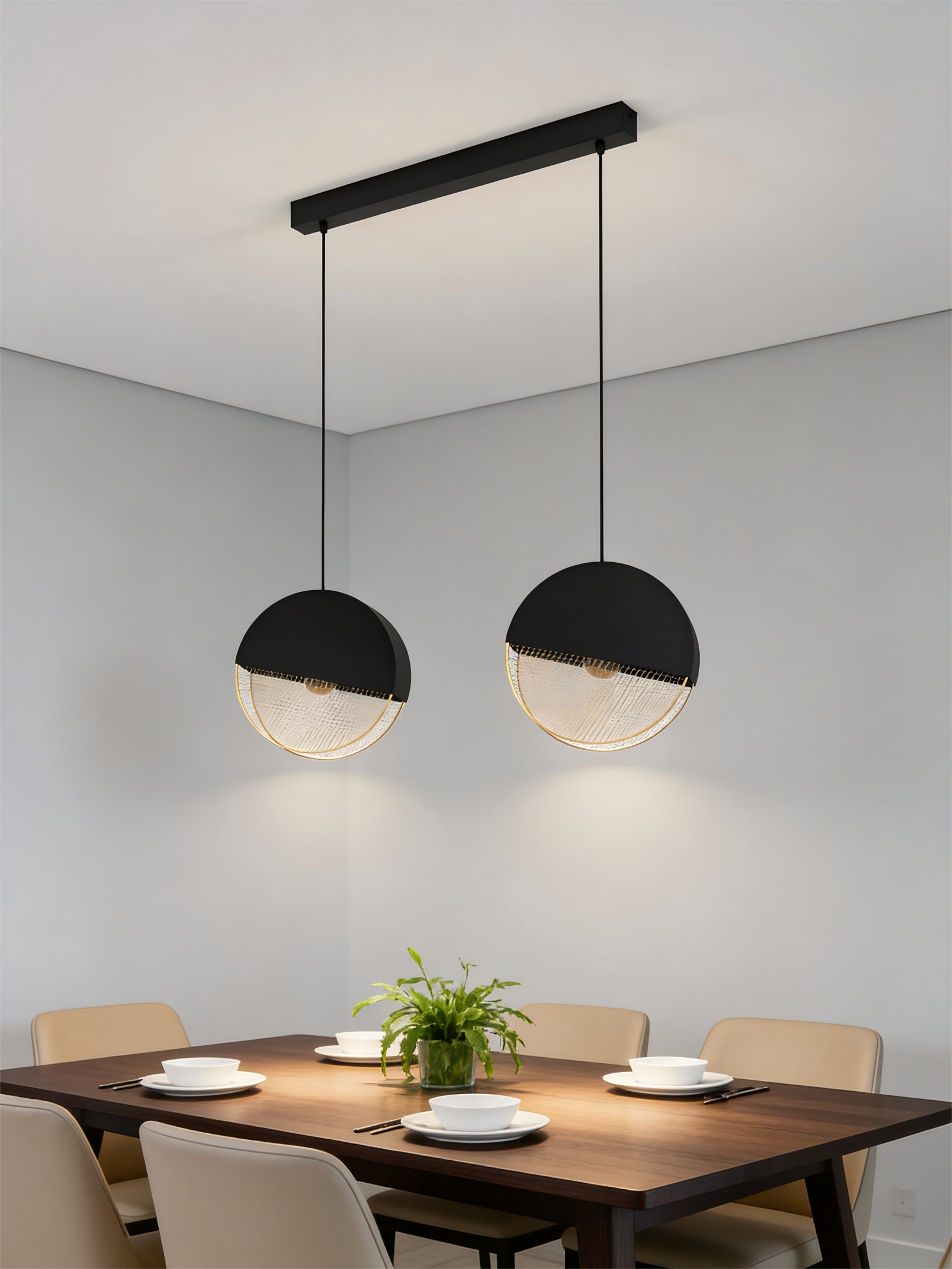 2-Light Black & gold Globe Pendant Light - Modern Minimalist Linear Hanging Lamp for Dining Room - Image 1