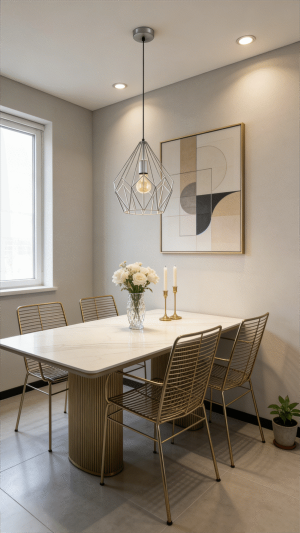 Silver Geometric Cage Pendant Light - Modern Minimalist Hanging Lamp for Dining Area