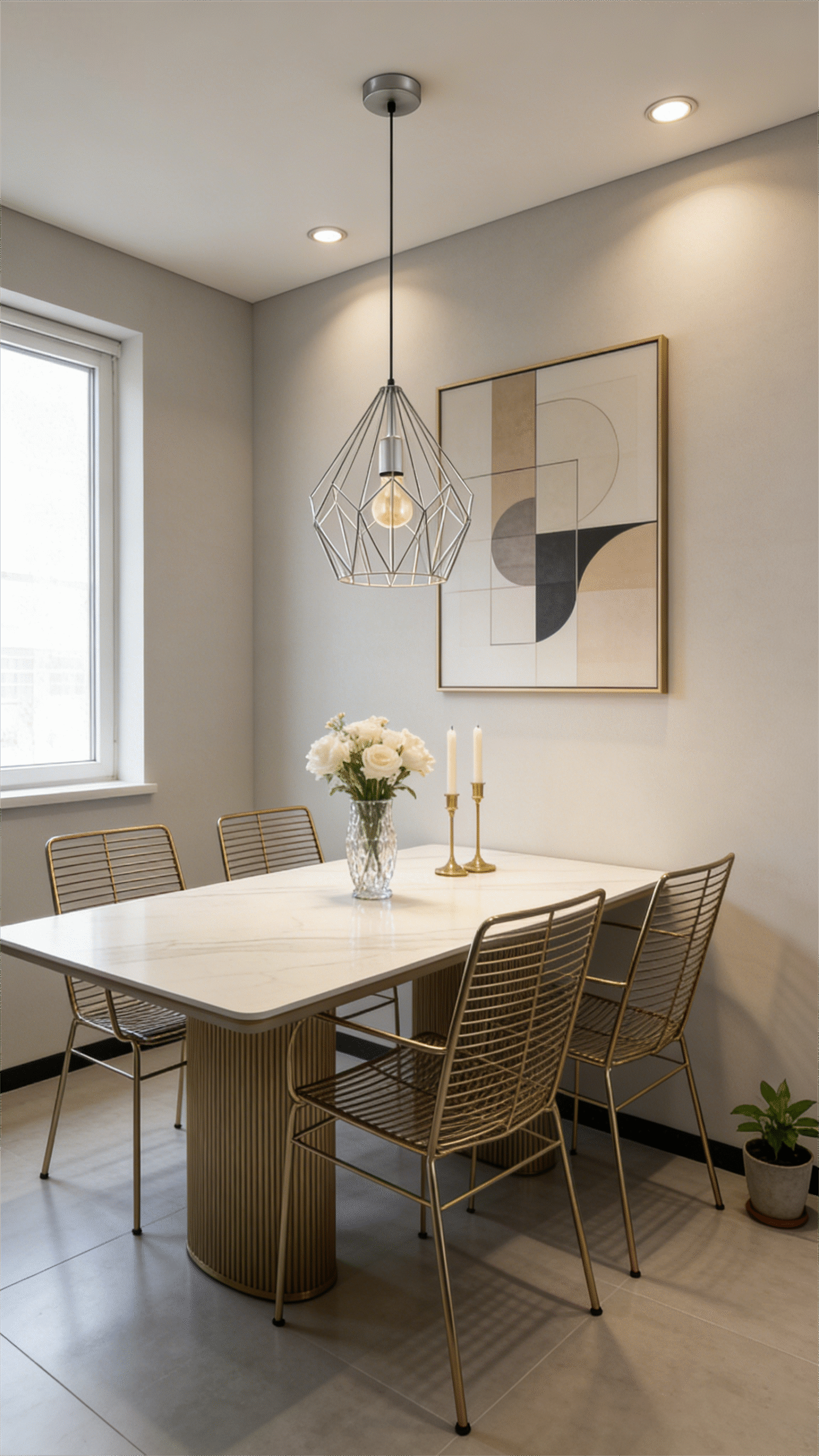 Silver Geometric Cage Pendant Light - Modern Minimalist Hanging Lamp for Dining Area - Image 1
