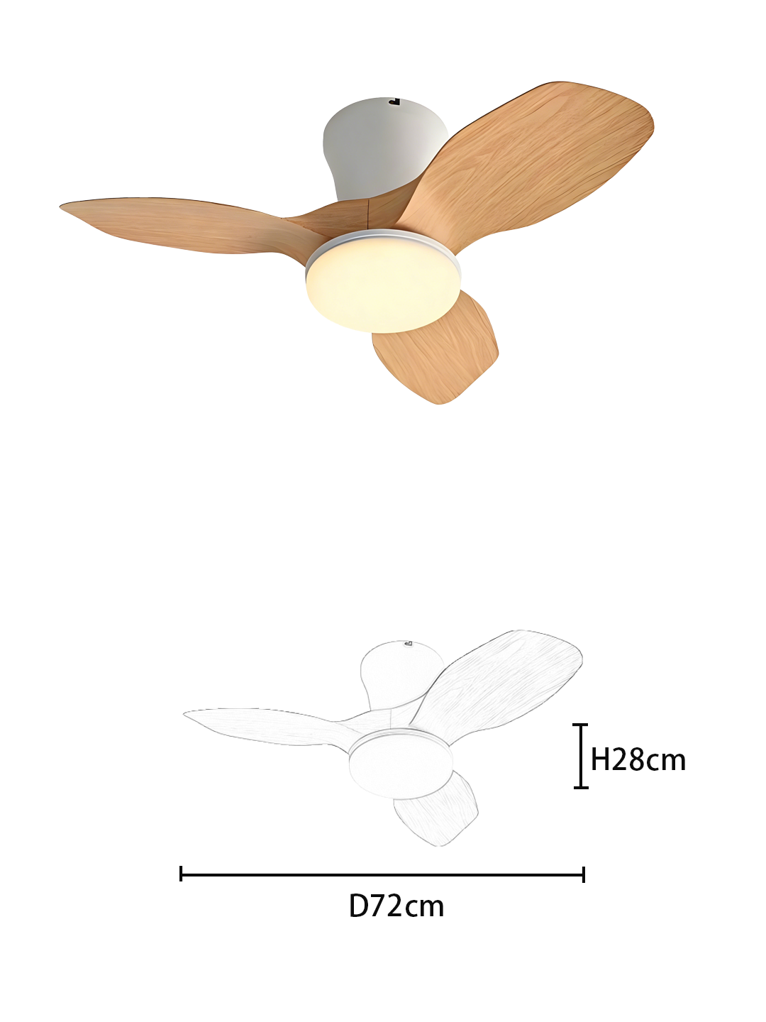 28-Inch 3-Blade Ceiling Fan Light - White/Black/Wood Grain Finish, 24W LED (DC25W Motor) - Image 2