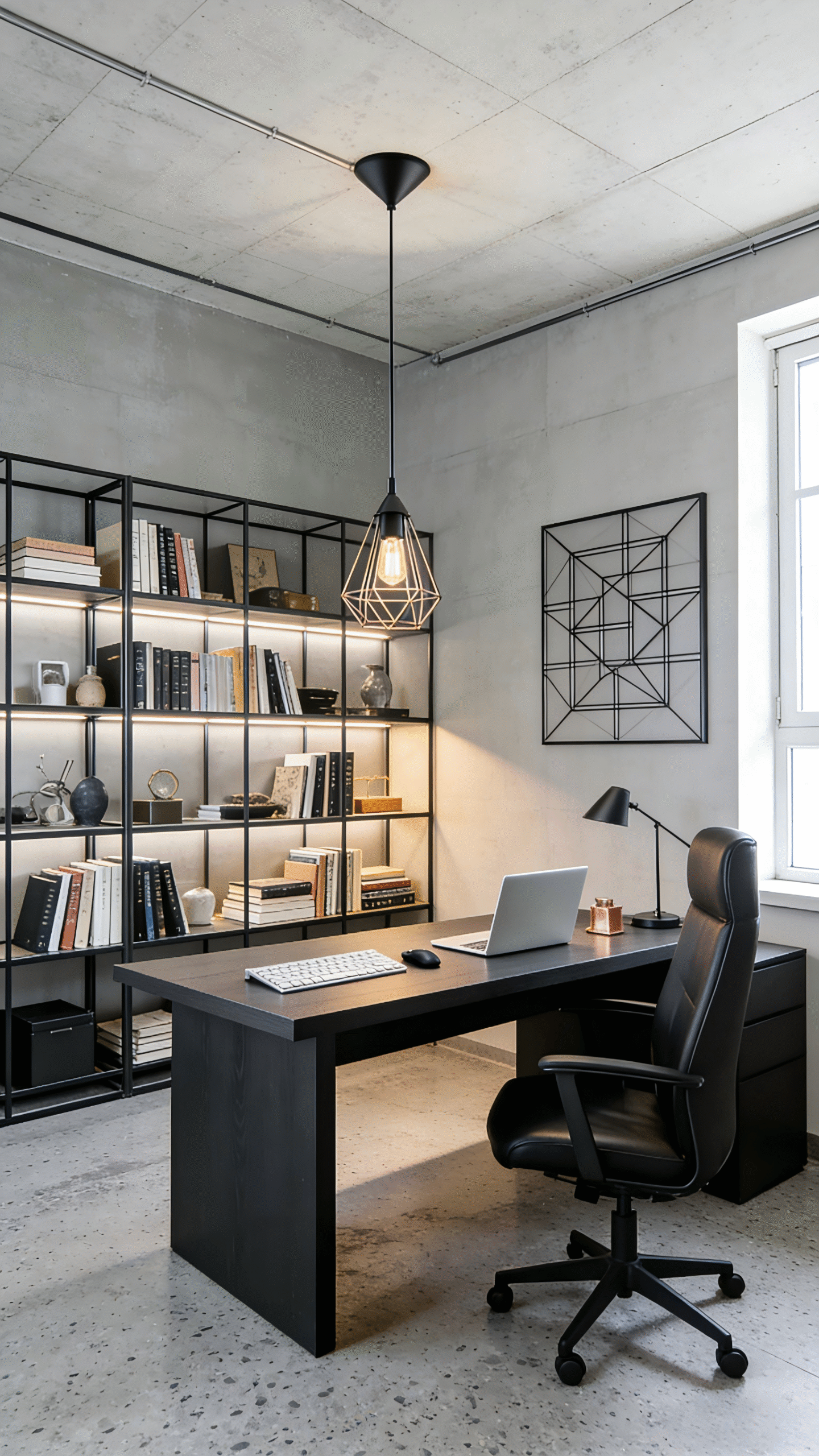 Black Industrial Geometric Cage Pendant Light - Hanging Lamp for Office & Study Room - Image 1