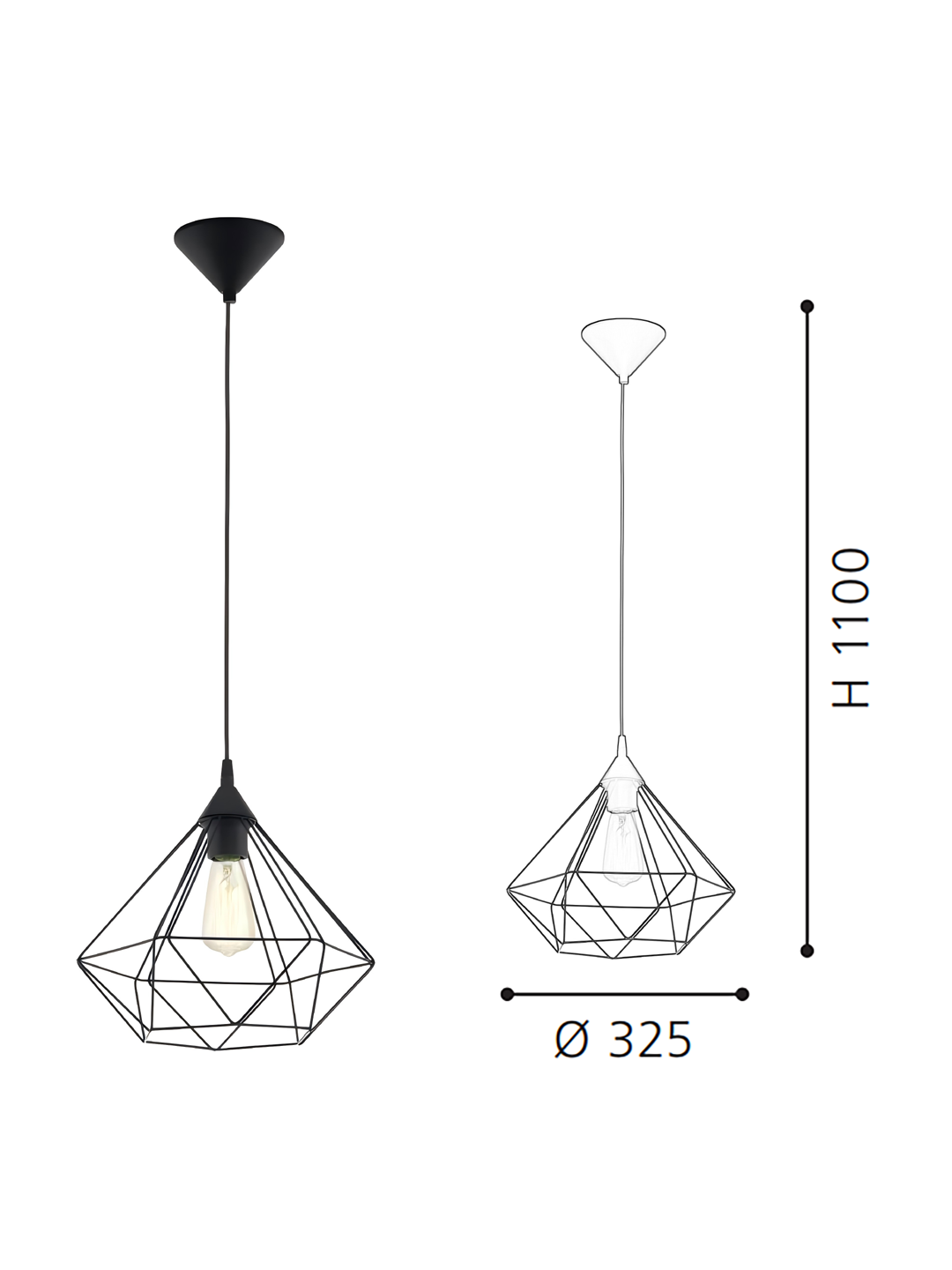 Black Geometric Cage Pendant Light (325mm, H1100mm) - Adjustable Hanging Lamp for Dining Room - Image 2