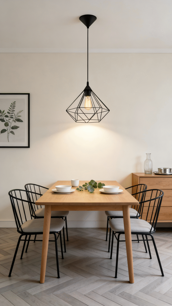 Black Geometric Cage Pendant Light (325mm, H1100mm) - Adjustable Hanging Lamp for Dining Room