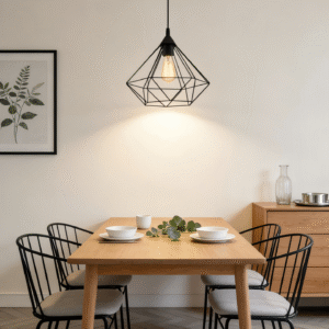 Black Geometric Cage Pendant Light (325mm, H1100mm) - Adjustable Hanging Lamp for Dining Room
