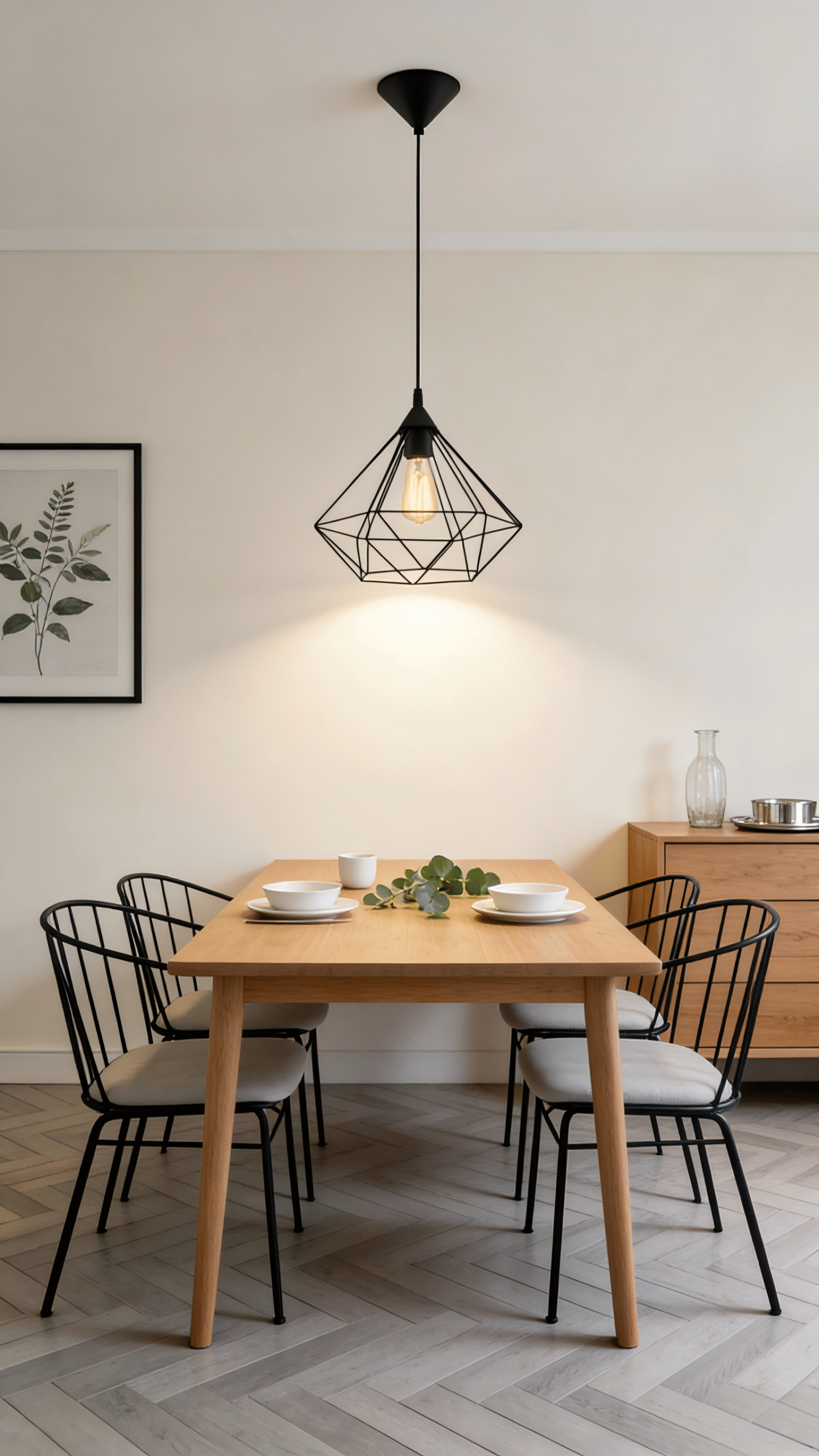 Black Geometric Cage Pendant Light (325mm, H1100mm) - Adjustable Hanging Lamp for Dining Room - Image 1