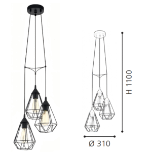 3-Light Black Geometric Cluster Pendant Light (310mm, H1100mm) - Adjustable Hanging Lamp for Dining Room - Image 2