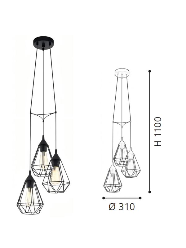 3-Light Black Geometric Cluster Pendant Light (310mm, H1100mm) - Adjustable Hanging Lamp for Dining Room