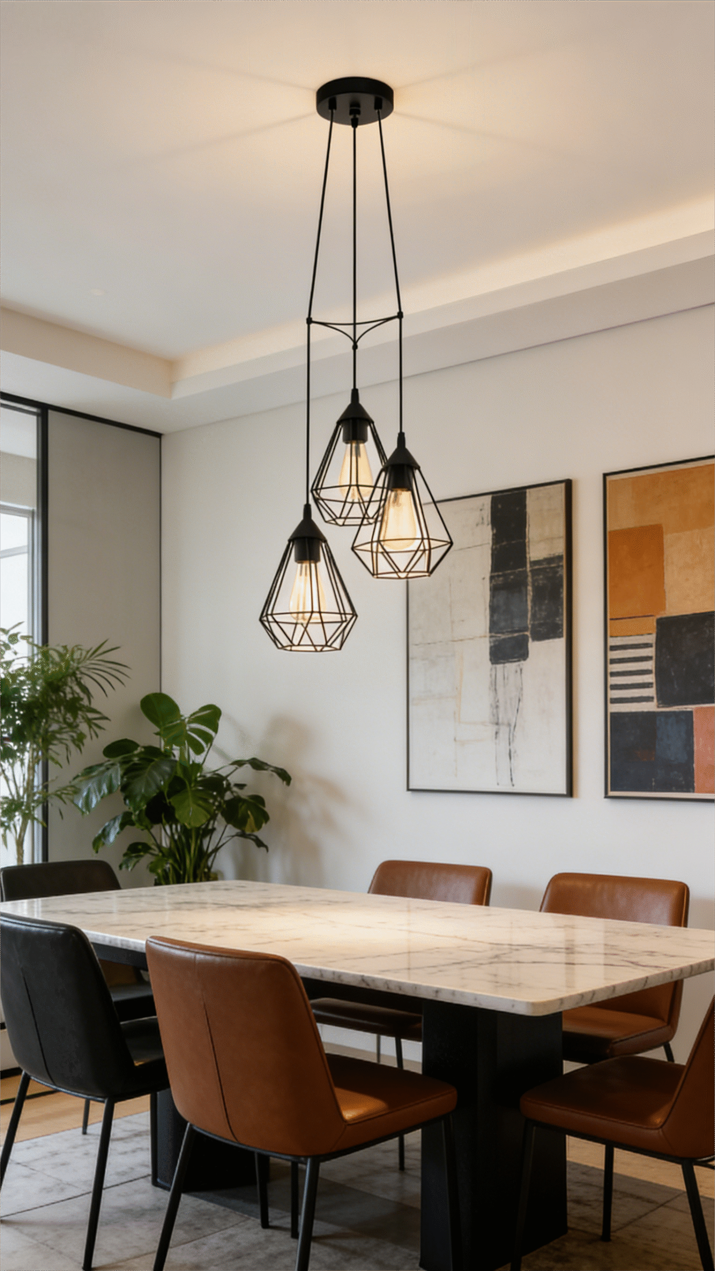 3-Light Black Geometric Cluster Pendant Light (310mm, H1100mm) - Adjustable Hanging Lamp for Dining Room - Image 1