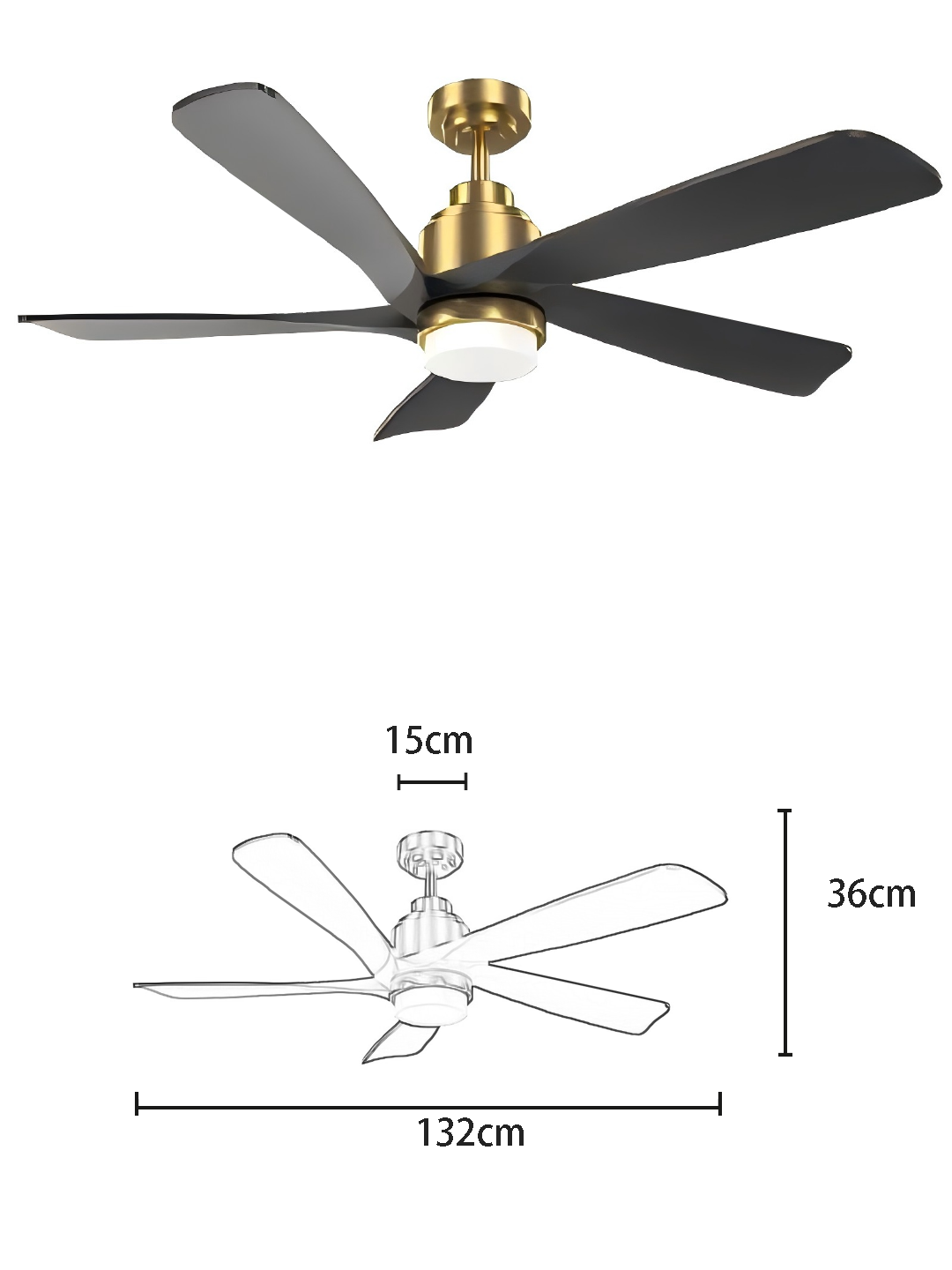 Matte Gold 5-Blade DC Motor Wooden Fan Light - Image 2