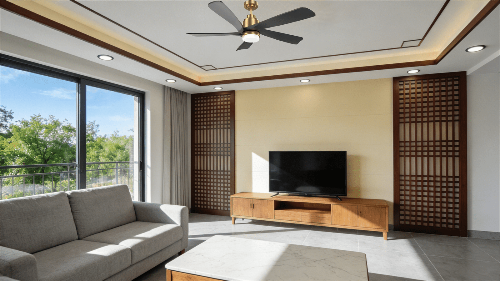 Matte Gold 5-Blade DC Motor Wooden Fan Light - Image 1