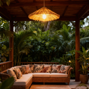 Rattan & Iron E27 Conical-Brim Pendant Light