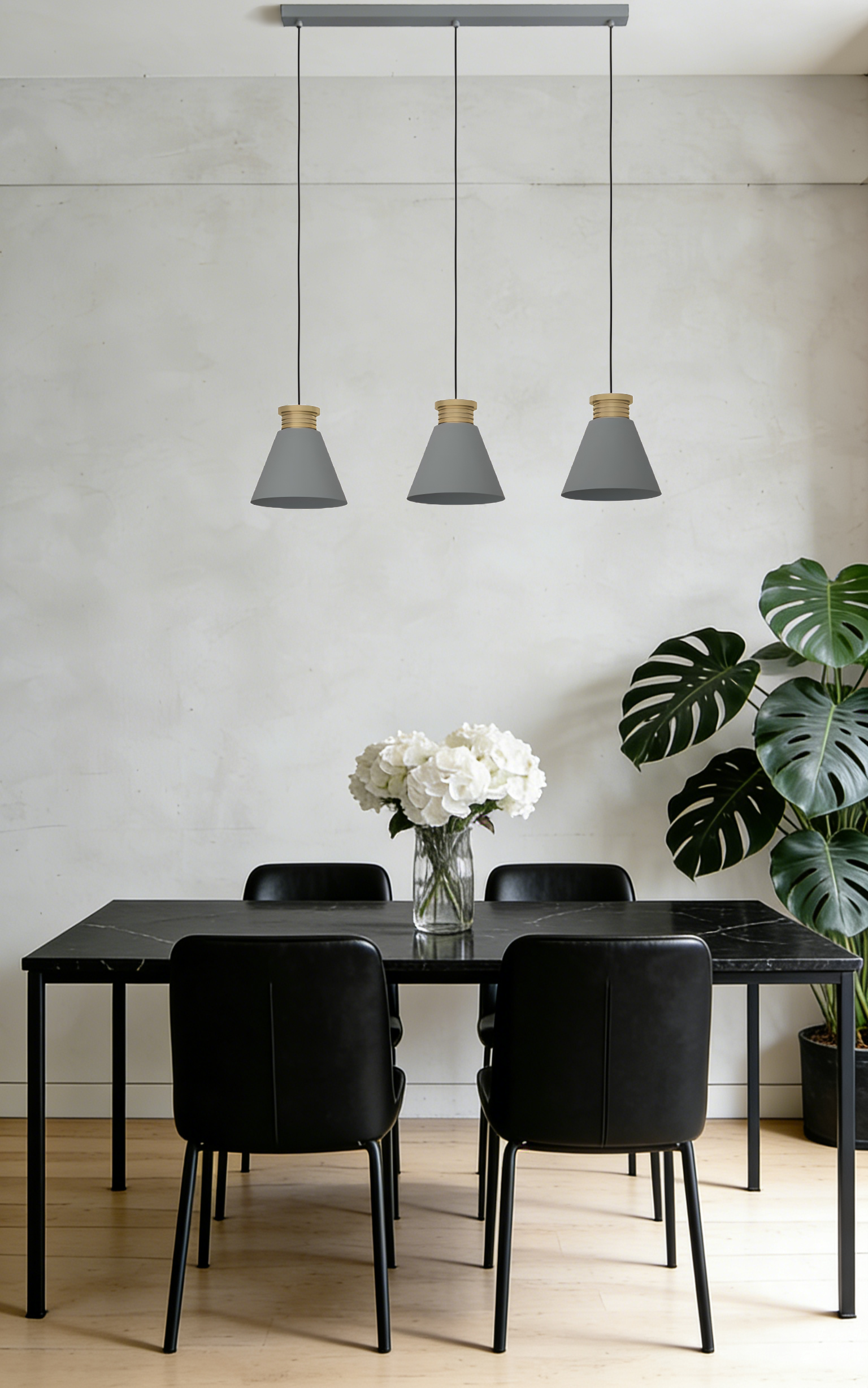 Minimalist 3-Head Gray-Gold Pendant Light - Conical Shades, Elegant Ceiling Lamp for Living & Dining Spaces - Image 1