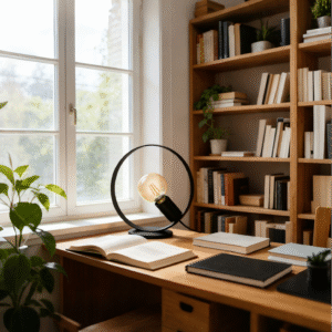 Modern Circular Frame Table Lamp - Retro Bulb Accent, Functional Lamp for Home Offices