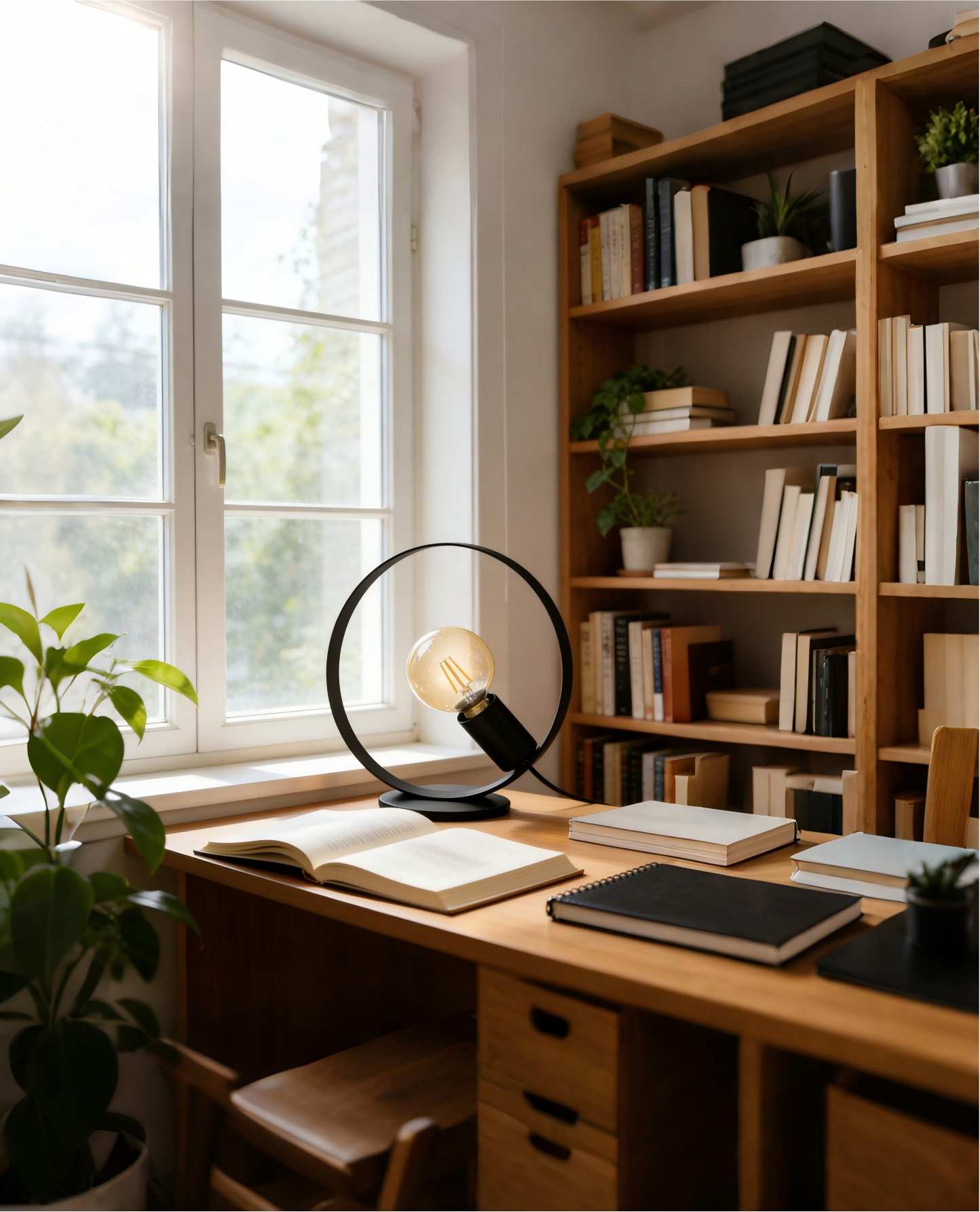 Modern Circular Frame Table Lamp - Retro Bulb Accent, Functional Lamp for Home Offices - Image 1