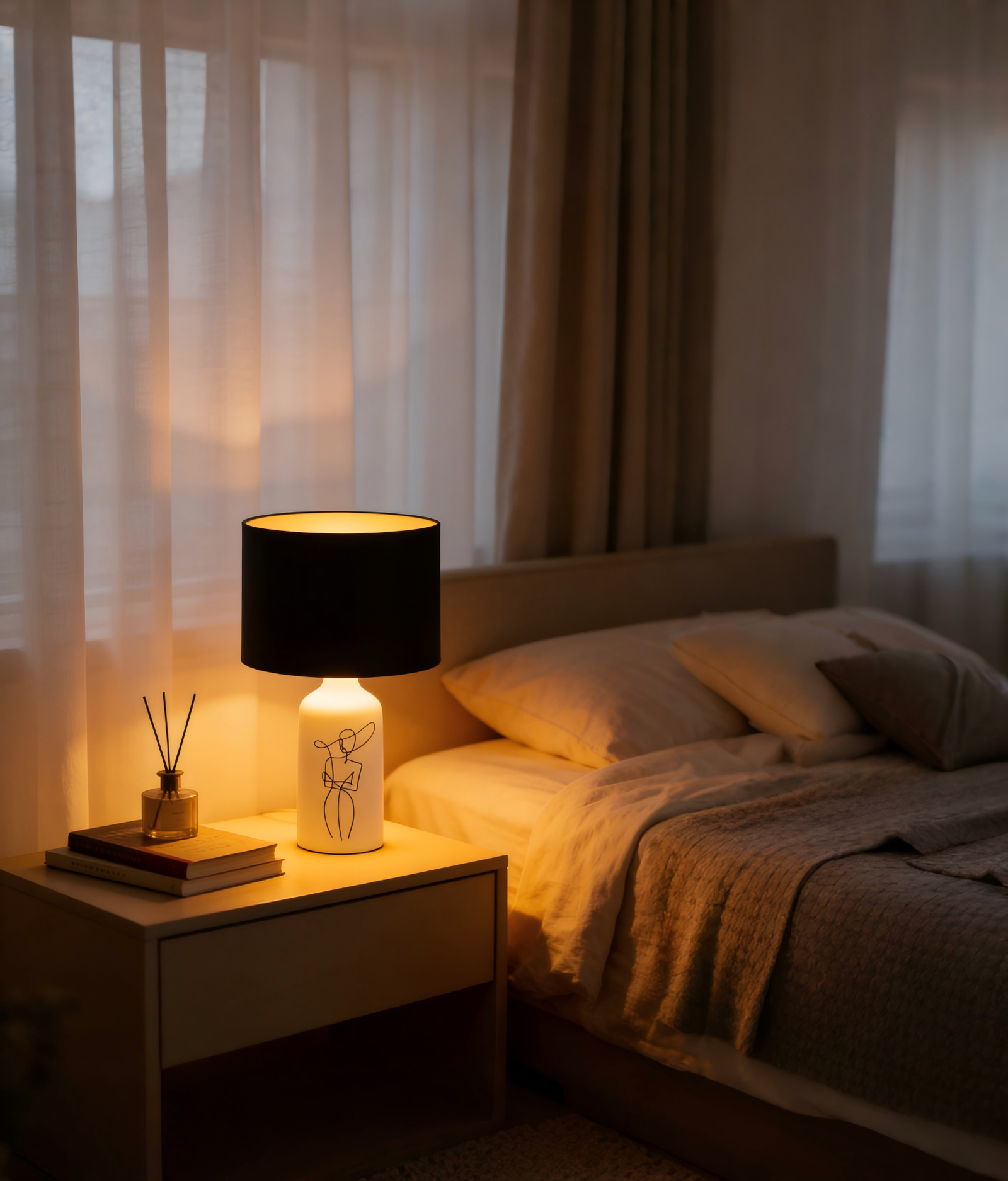 Decorative Artistic Ceramic Table Lamp - Black Fabric Shade, Bedside Lamp for Contemporary Bedrooms - Image 1