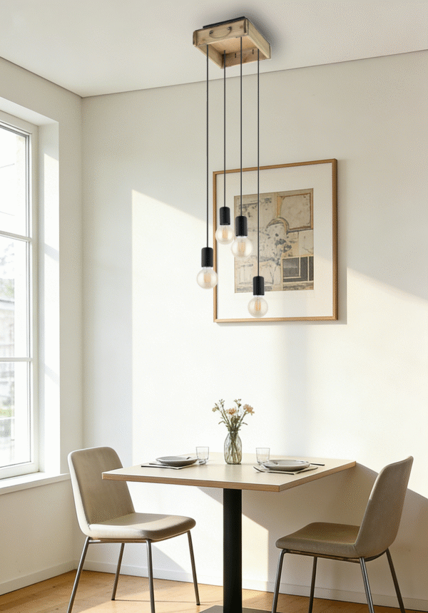 Minimalist Wooden Frame 4-Head Pendant Light -Decorative  Lamp for Industrial Spaces