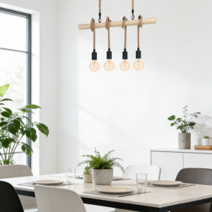 Wooden Rod & Hemp Rope 4-Head Pendant Light  - Rustic-Style Ceiling Lamp for Dining Areas