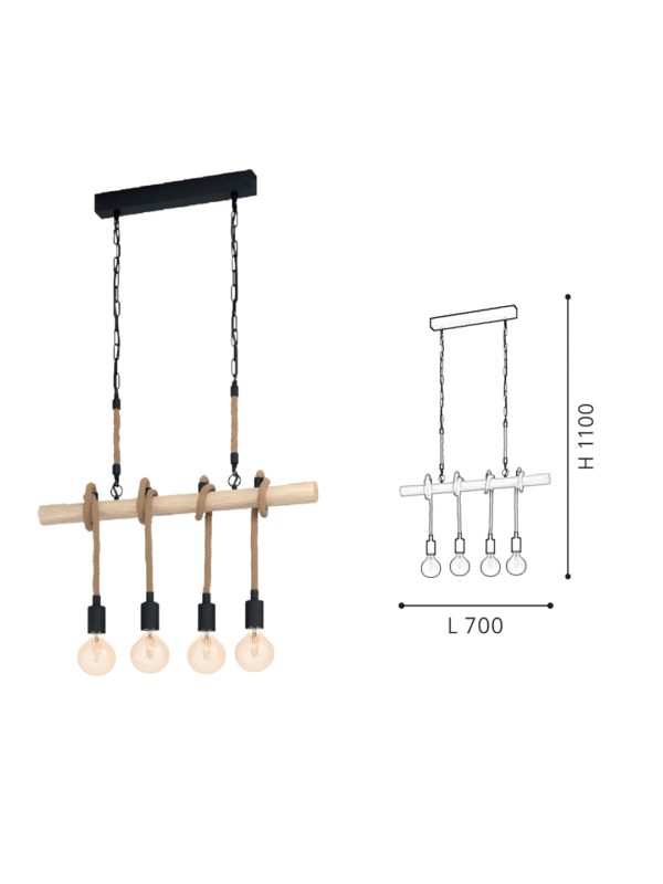 Wooden Rod & Hemp Rope 4-Head Pendant Light  - Rustic-Style Ceiling Lamp for Dining Areas