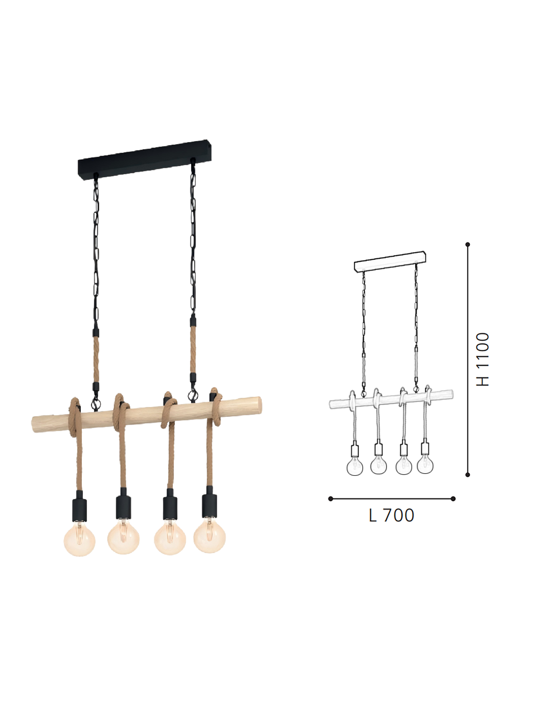 Wooden Rod & Hemp Rope 4-Head Pendant Light  - Rustic-Style Ceiling Lamp for Dining Areas - Image 2