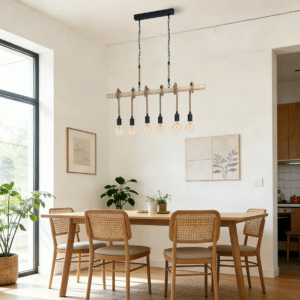 Wooden Rod & Hemp Rope 6-Head Pendant Light  - Rustic-Style Ceiling Lamp for Dining Areas