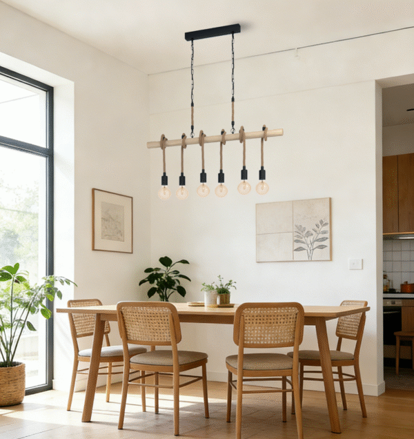 Wooden Rod & Hemp Rope 6-Head Pendant Light  - Rustic-Style Ceiling Lamp for Dining Areas