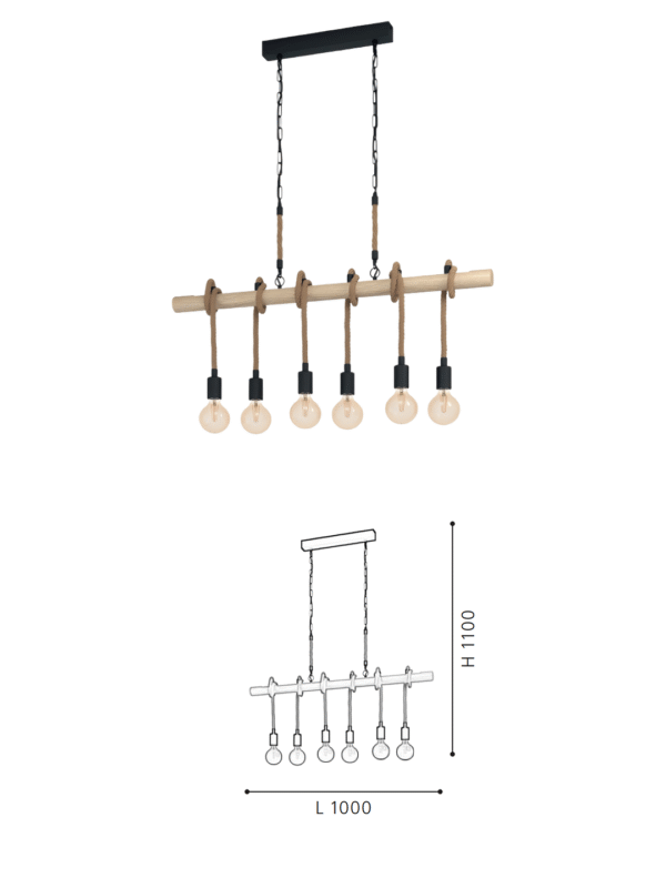 Wooden Rod & Hemp Rope 6-Head Pendant Light  - Rustic-Style Ceiling Lamp for Dining Areas