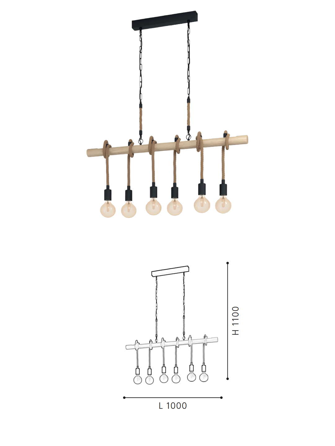Wooden Rod & Hemp Rope 6-Head Pendant Light  - Rustic-Style Ceiling Lamp for Dining Areas - Image 2