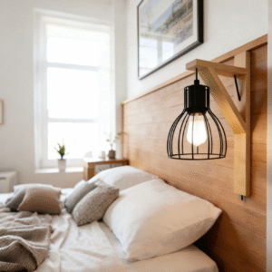 Wooden Bracket & Black Steel Wall Sconce - Industrial-Style Light for Rustic Interiors