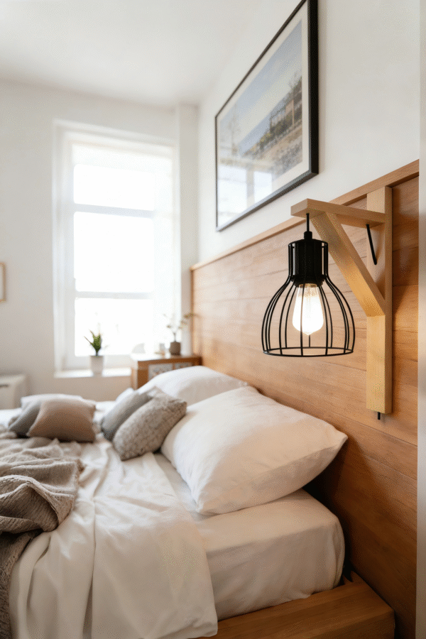 Wooden Bracket & Black Steel Wall Sconce - Industrial-Style Light for Rustic Interiors