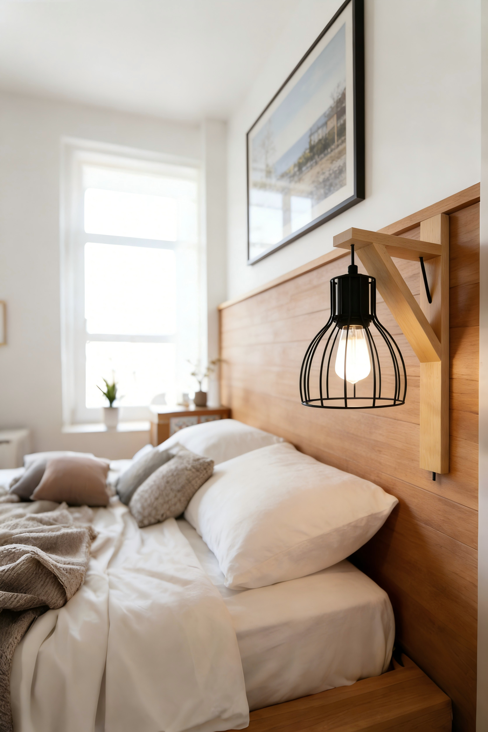 Wooden Bracket & Black Steel Wall Sconce - Industrial-Style Light for Rustic Interiors - Image 1