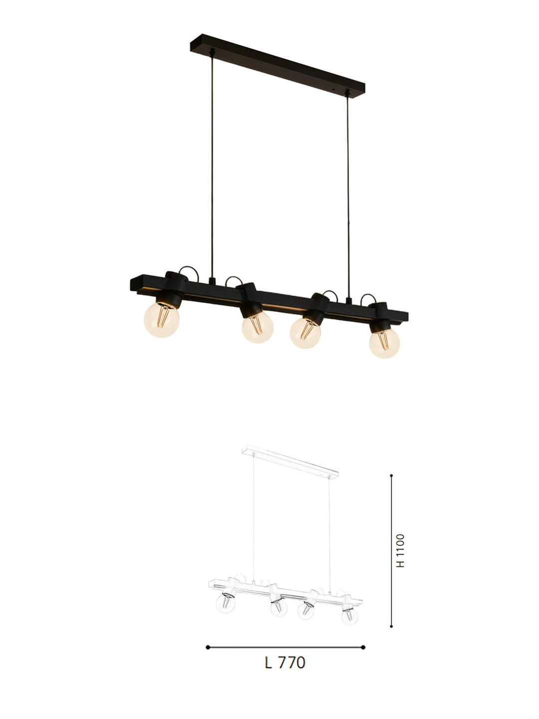 Black Steel-Wood 4-Light Pendant Light - Image 2