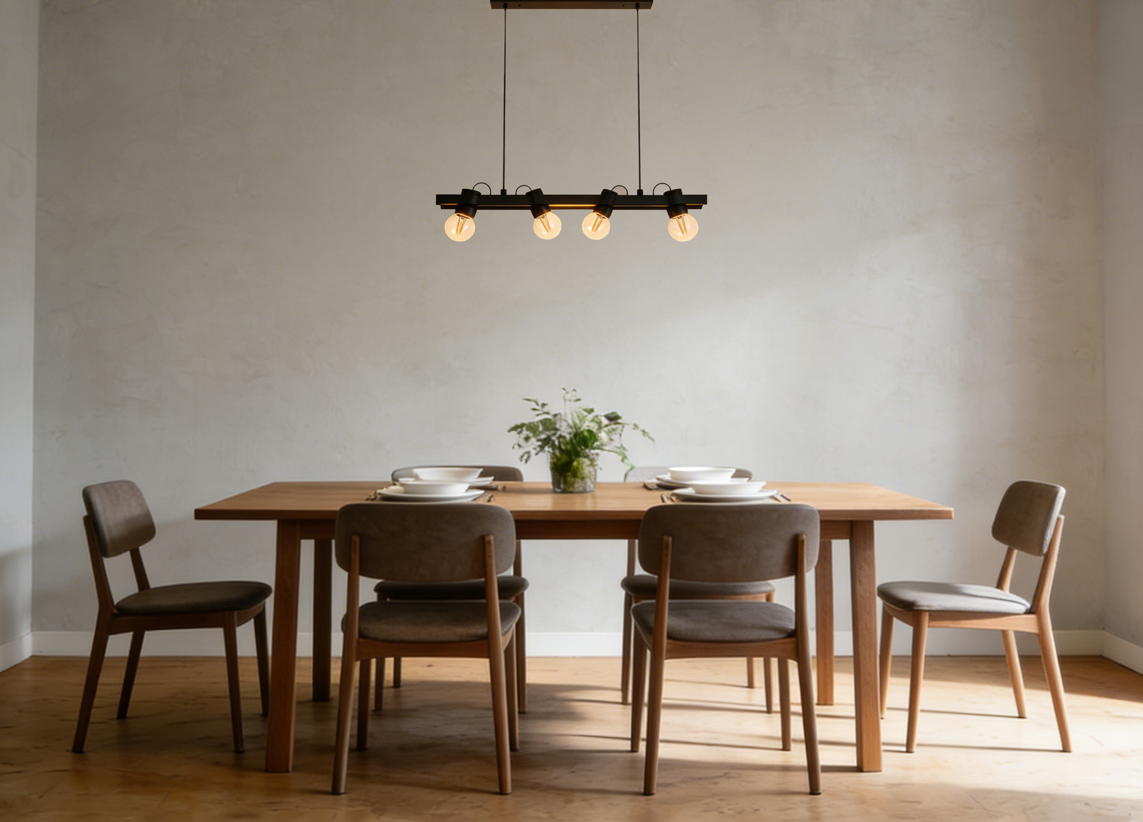 Black Steel-Wood 4-Light Pendant Light - Image 1