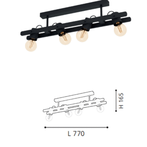 Black Steel-Wood 4-Light Ceiling Light - Image 2