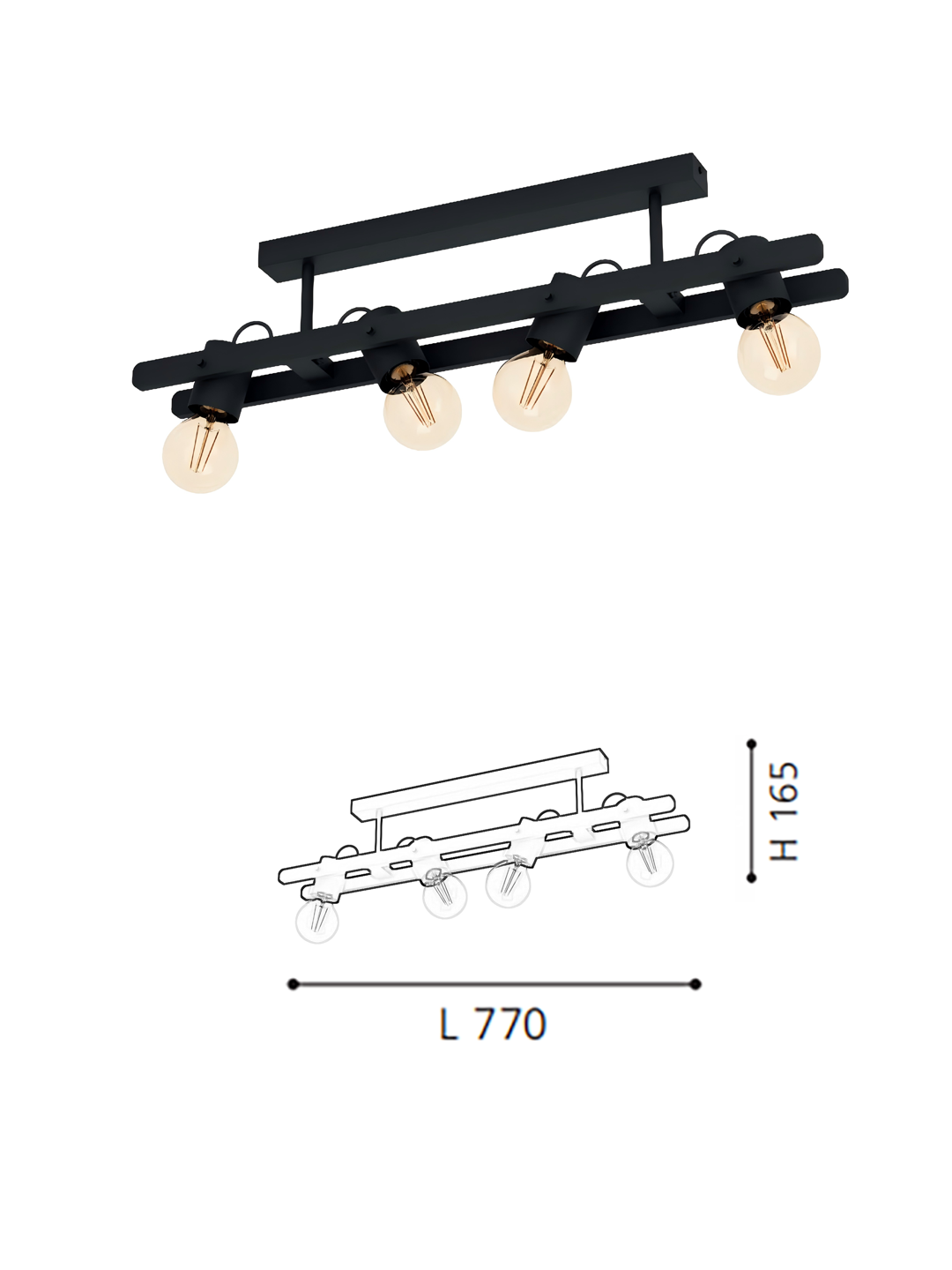 Black Steel-Wood 4-Light Ceiling Light - Image 2