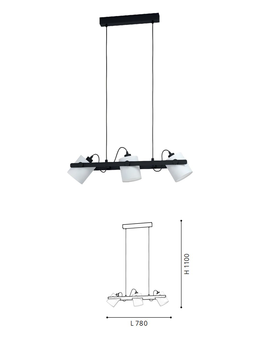 Black & White Steel-Wood-Fabric 3-Light Pendant Light - Image 2
