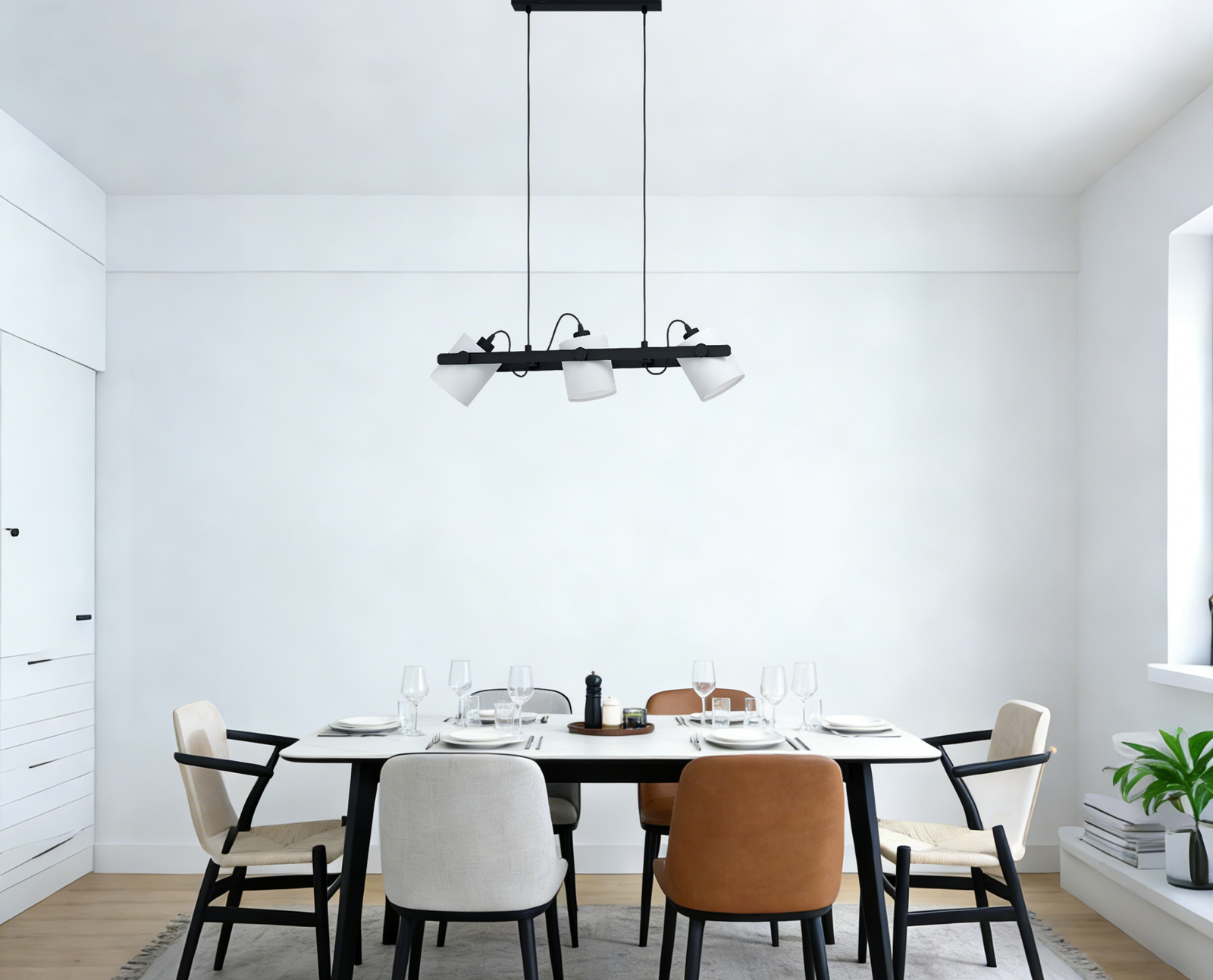 Black & White Steel-Wood-Fabric 3-Light Pendant Light - Image 1