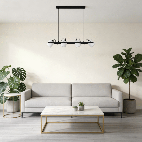 Black & White 4-Light Steel-Wood-Fabric Pendant Light