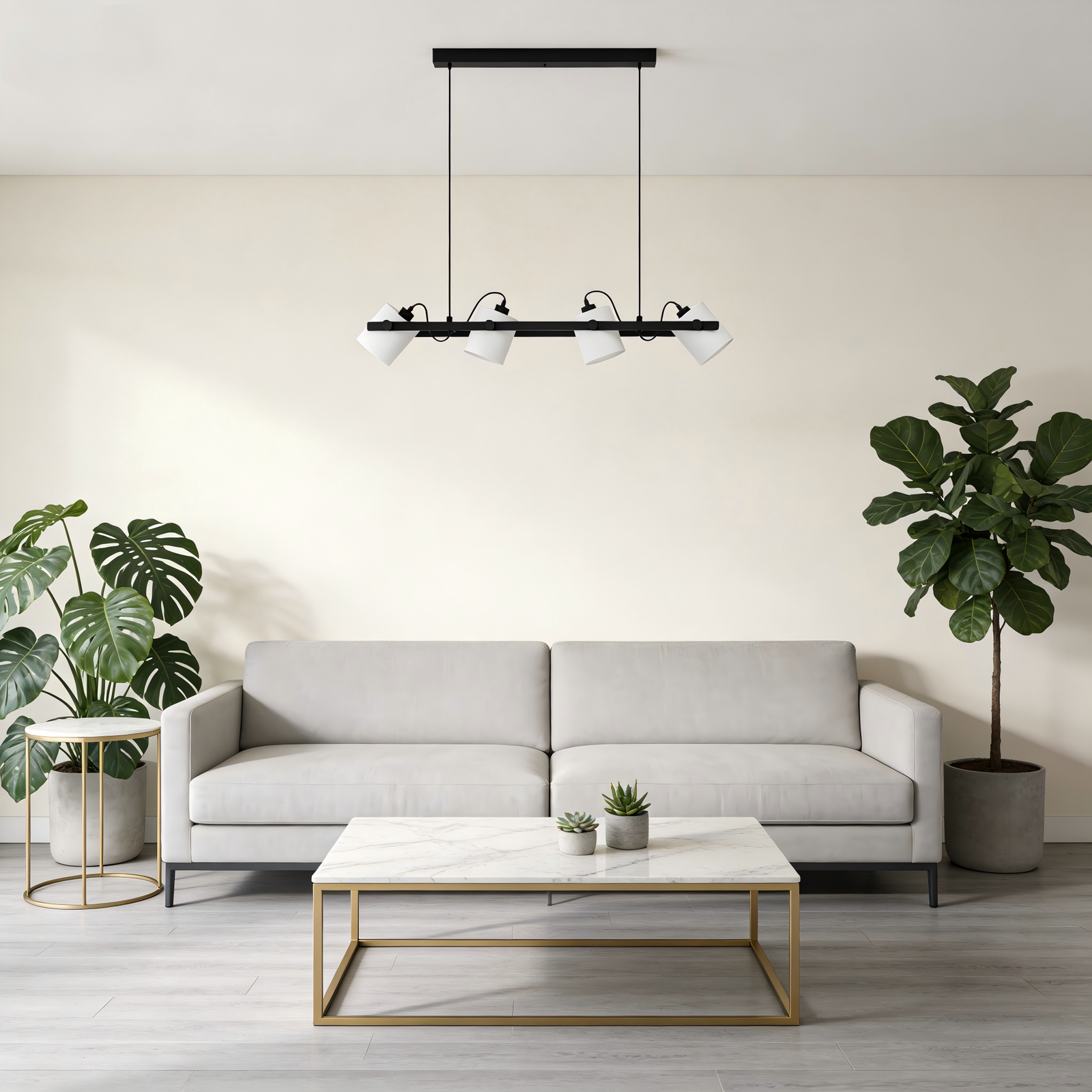 Black & White 4-Light Steel-Wood-Fabric Pendant Light - Image 1