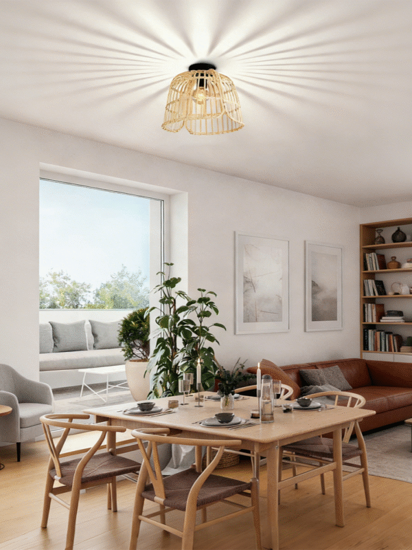 Natural Rattan Ceiling Light | Boho Flush Mount Lighting for Bedroom & Living Room