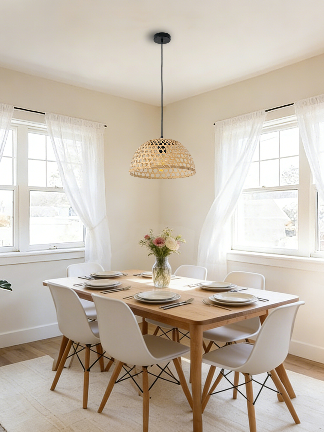 Rattan Bowl Pendant Light | Handwoven Boho Hanging Lamp for Modern Home Decor - Image 1