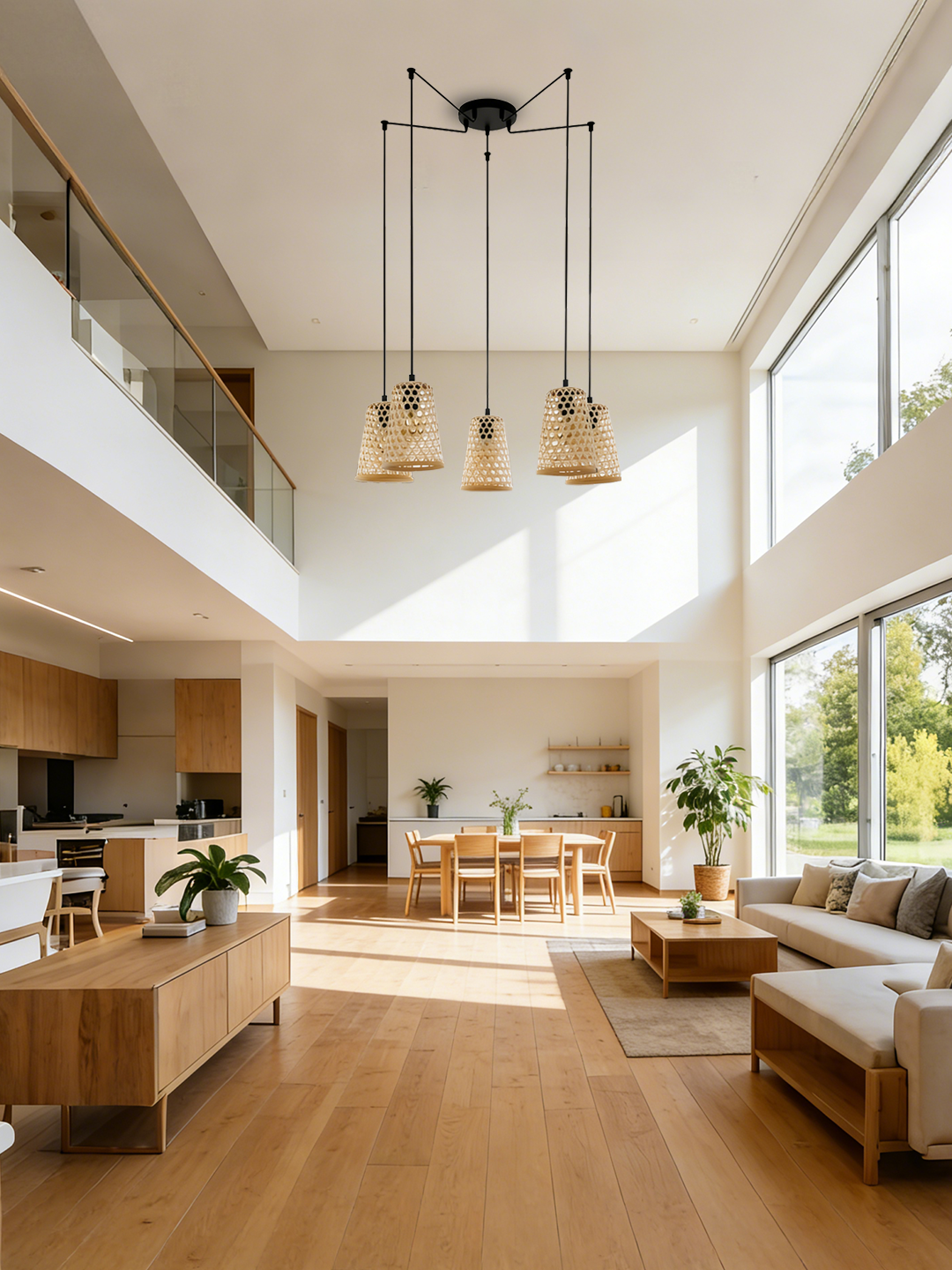 5-Light Rattan Cluster Pendant Light | Handwoven Boho Multi-Light Chandelier - Image 1