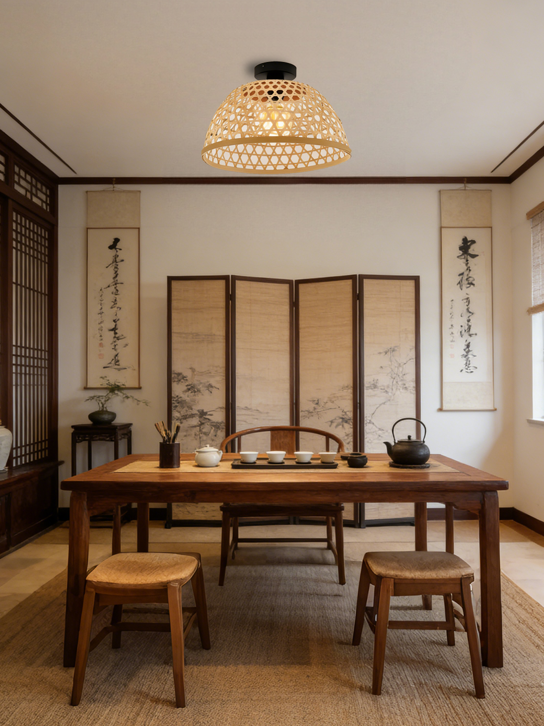 Rattan Bowl Flush Mount Ceiling Light | Handwoven Boho Lighting for Modern Home Decor - Image 1