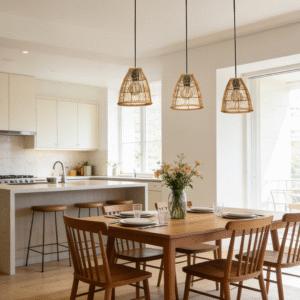 Three-head Rattan Dome Pendant Light | Handwoven Boho Hanging Lamp for Dining Spaces